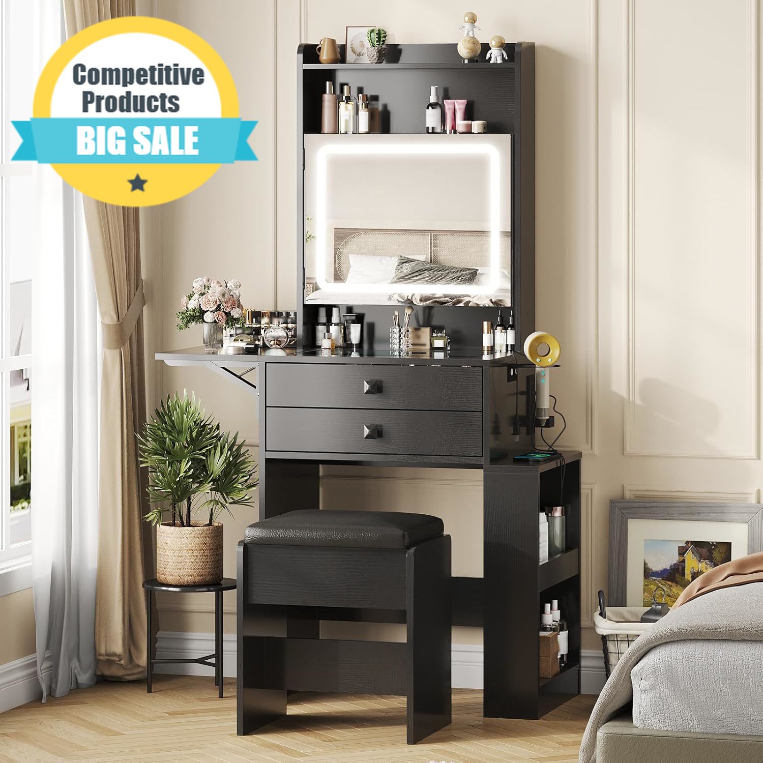 Desk Setup Charging Station - Small Makeup Vanity Desk, 3 Adjustable