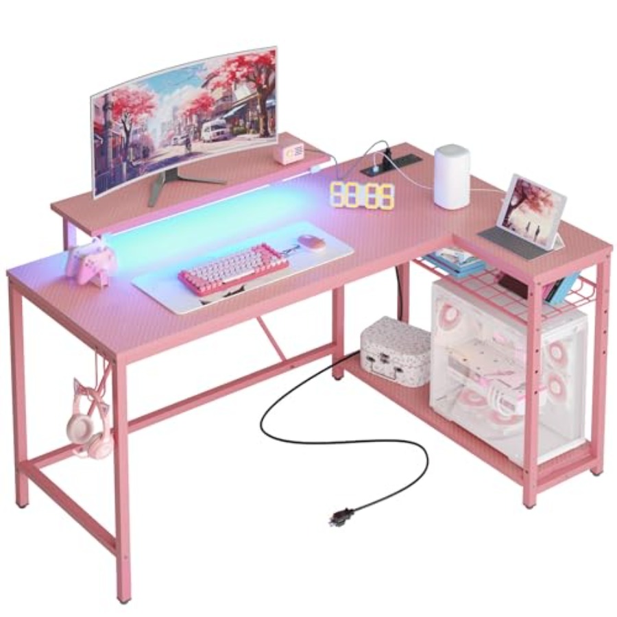 Desk Setup Pink - L-Shaped Gaming Desk with Charging and