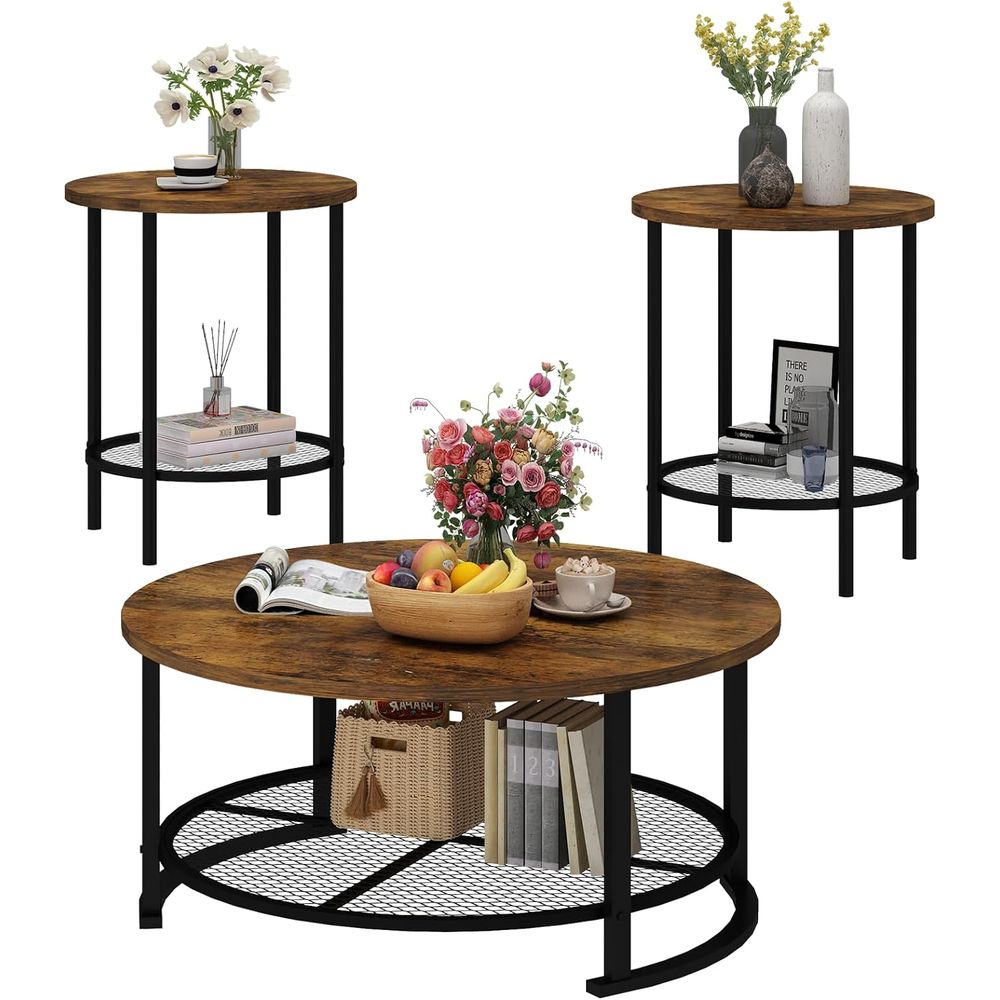 Round Coee Table and End Table - Desk Setup Wood ulasan dan harga