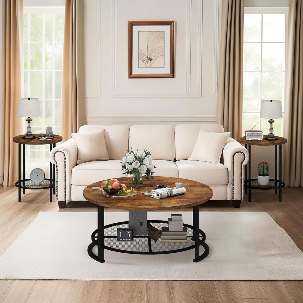 Round Coee Table and End Table - Desk Setup Wood ulasan dan harga