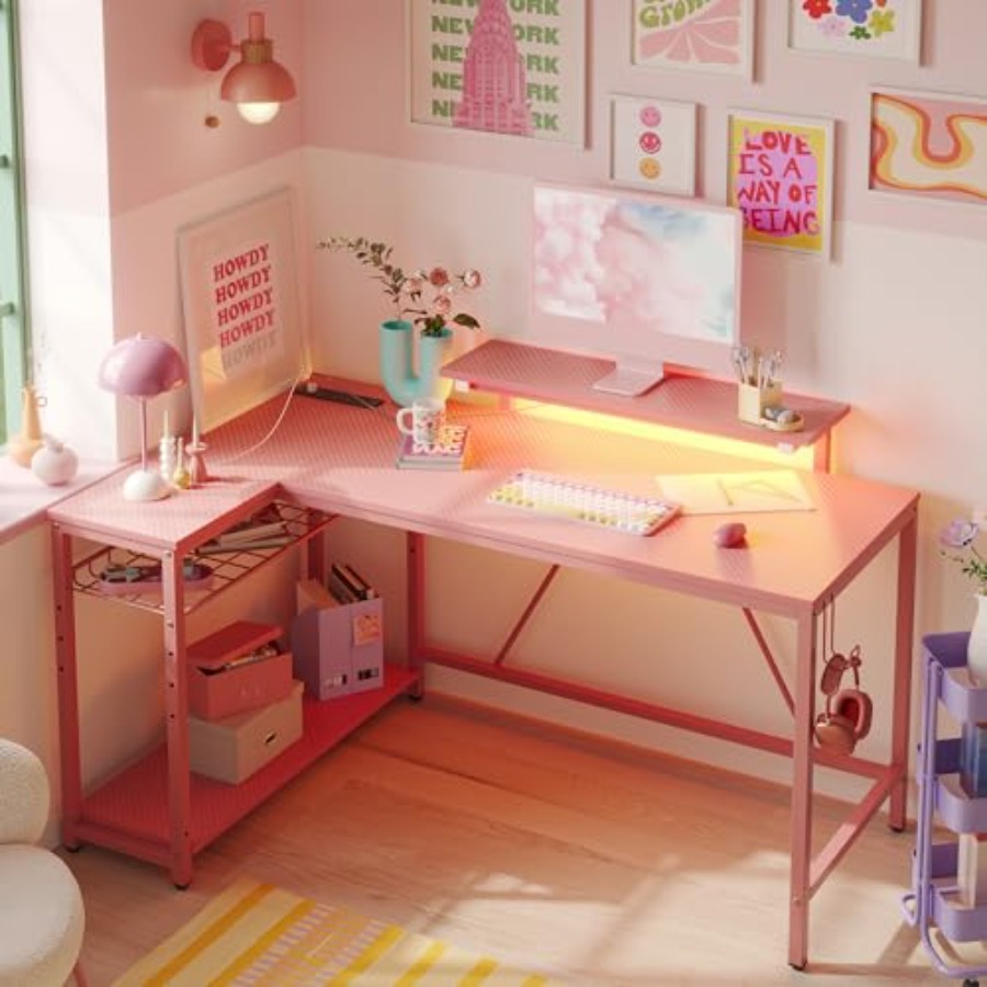 L-Shaped Gaming Desk with Char - Desk Setup Pink ulasan dan harga