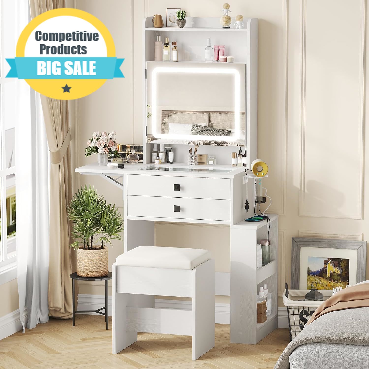 Small Makeup Vanity Desk with  - Desk Setup Charging Station ulasan dan harga