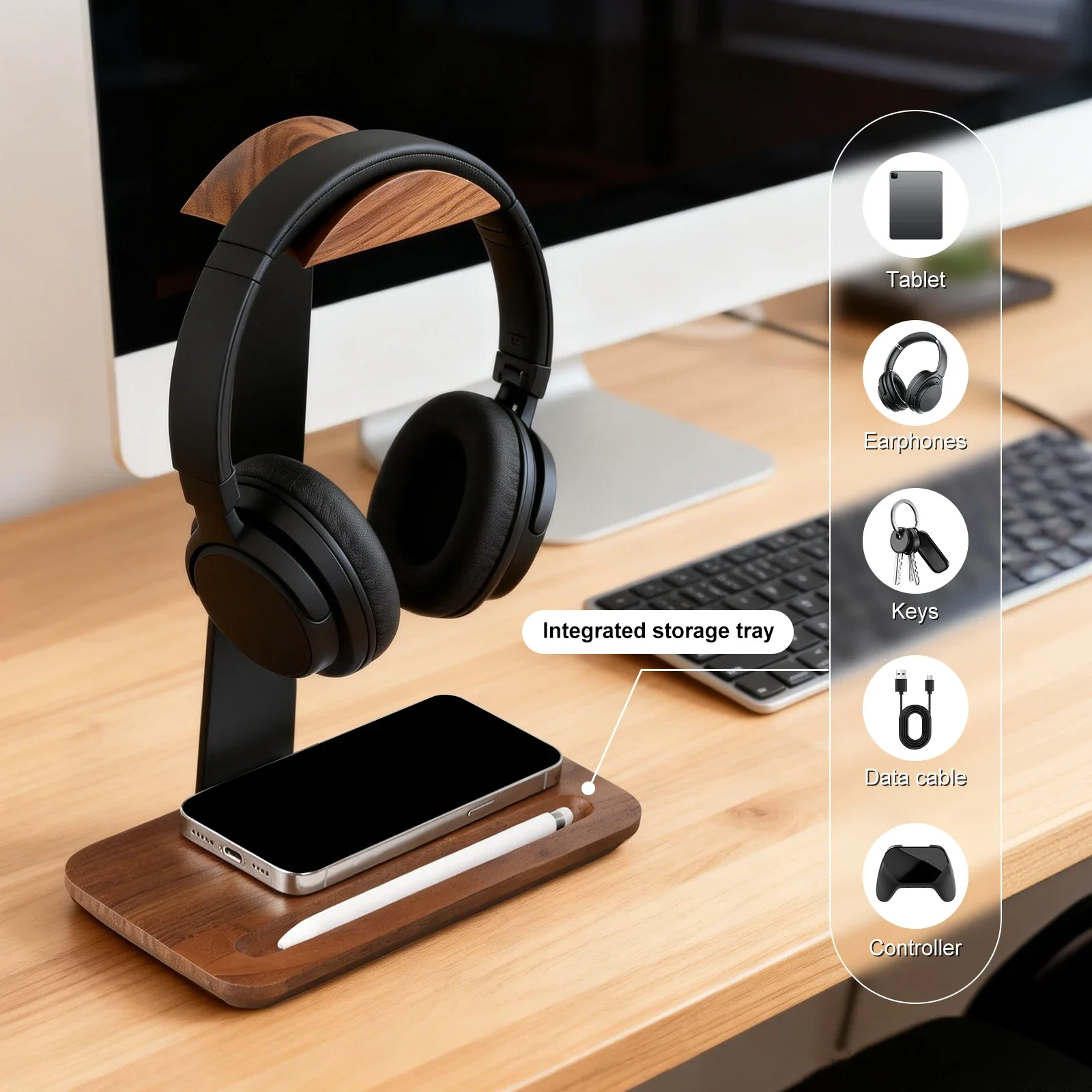 Universal Wood Headphone Stand - Desk Setup Wood ulasan dan harga